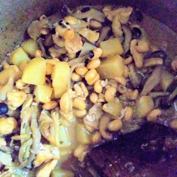 大豆とじゃが芋ときのこのココナッツミルク煮